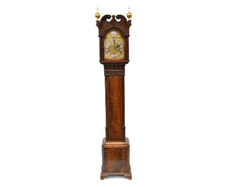 20th-century mahogany miniature longcase clock, three train 8-day movement striking on eight gongs, brass arched dial, canopy