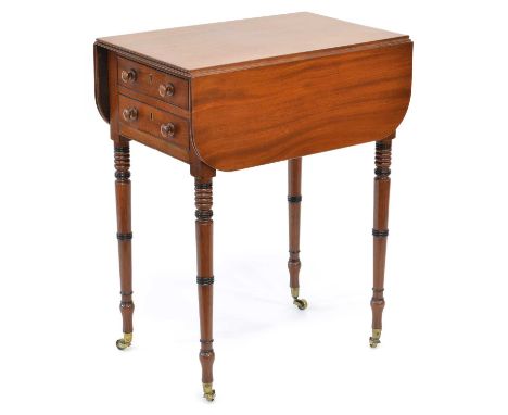 Victorian mahogany Pembroke table, rectangular top with two leaves, two reed edge, knuckle bracket supports, two true and two