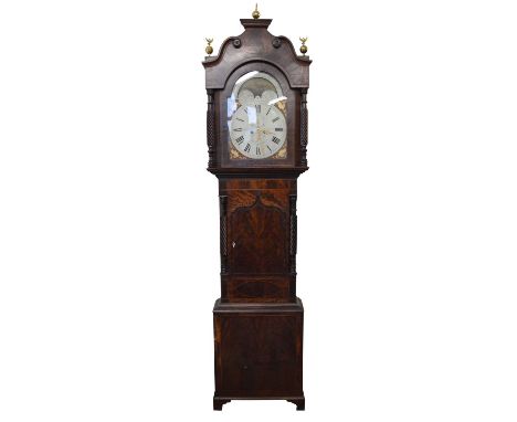 Butterfield Higginshaw longcase clock, 8-day movement striking on single bell, arched painted dial incorporating rolling moon