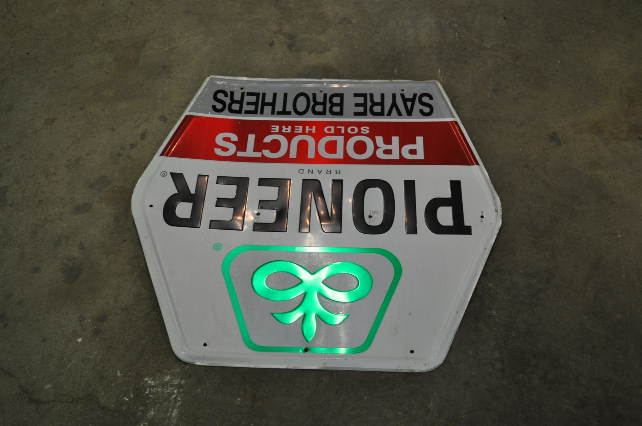 Pioneer Seed metal sign 33 3/4" long x 36" wide, SAYRE BROTHERS