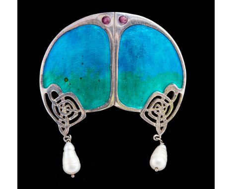 A modern Liberty & Co silver and enamel brooch, with fresh water cultured pearl drops, hallmarked Liberty & Co, Edinburgh 198