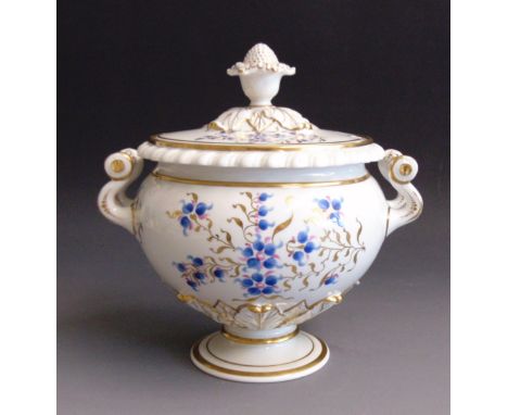 A Flight Barr and Barr twin handled dessert tureen and cover, painted with pink and blue flowers and gilt Leaves, circa 1820,