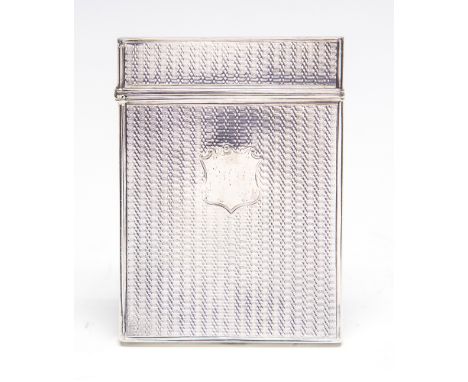 A Victorian silver engine turned card case with shield shaped vacant cartouche, Nathaniel Mills, Birmingham, 1838
