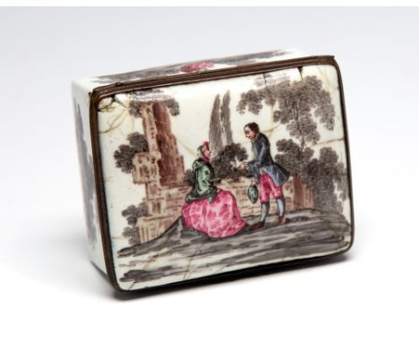 An 18th Century enamel snuff box, probably continental, the cover with a courting couple, the inner lid with a portrait of a 