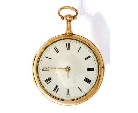 Thomas Moss, London, a George III 18ct gold pair case pocket watch, 5cm white enamel dial with Roman numerals, fusee movement