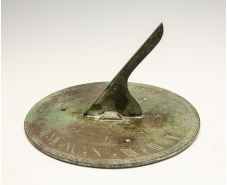 Early 19th Century circular shaped brass sundial with nice verdigris patina inscribed Thomas Jones Charing Cross London 25cm 