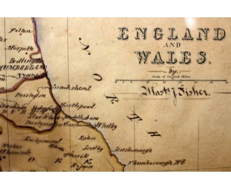 19th-century manuscript map of England & Wales by Master J. Fisher, the title and scale border is engraved (printed) but the 