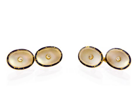 A pair of Edwardian 18ct gold and diamond oval cufflinks, with mother of pearl detail, set to the centre with small diamonds,