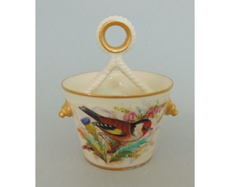 A Royal Worcester rope handle bucket, painted with birds by J.Hopewell, circa 1878, 9.3cm high, 6.5cm diameterCondition: wear