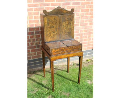 A late 19th Century Chinese Chinoiserie lacquered ladies sewing and collectors cabinet, probably late 18th Century, shaped pe