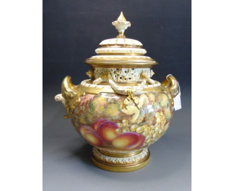 A Royal Worcester Globular Vase and Cover Shape 428. Painted with fruit and berries signed H.Ayrton. Date C mid 20th Century 