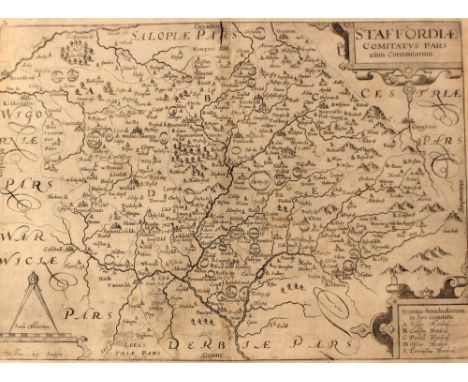 Collection of 19 antique Staffordshire maps, 17th to 19th Century, housed in protective folder: Emanuel Bowen, first edition 