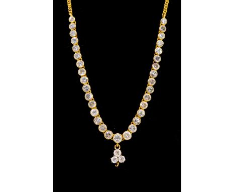 A diamond set 18ct gold collarette drop neckalce, diamond-set three stone drop to a graduating diamond front section, thirty-