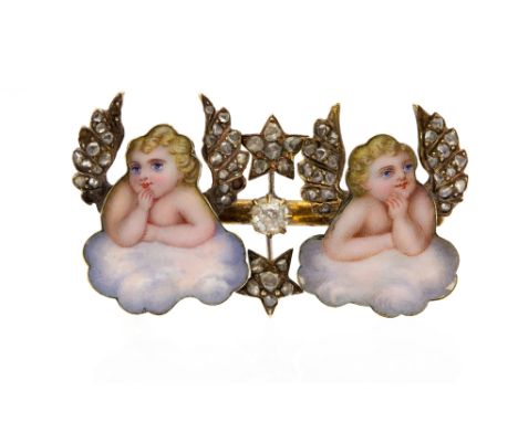 A Victorian diamond set and enamel double cherub brooch, the two cherubs on clouds with Limoges enamel, small old-cut and ros