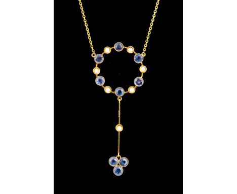 An Edwardian sapphire and seed pearl 15ct gold hoop drop pendant and chain, triangle of three small blue sapphires to drop, a