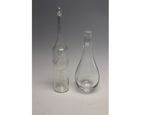 A signed to base, Orrefors decanter and a hand-made novelty glass 'Lawyer in a bottle', the lawyer is holding the sword and s