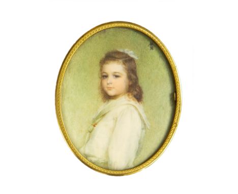 An Edwardian oval portrait miniature of a girl wearing a white dress, in a fitted presentation case 