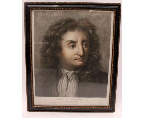18th century stipple-engraved portrait of Jean de La Fontaine (1621-1695), the French fabulist and poet best known for his Fa