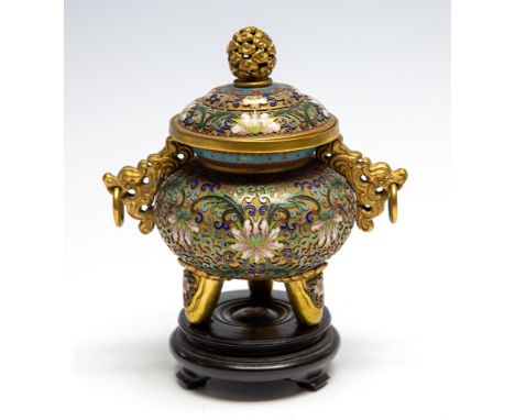 A 19th Century Chinese gilt cloisonne censer and cover, cloud pierced finial, ring twin handles, the body with raised cloison