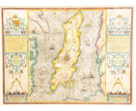 Speed, John (1552-1629). 17th-century map of the Isle of Man, hand-coloured copper engraving on laid/chain-lined paper, featu