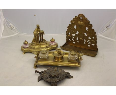 A Le Blanc Freres gilt metal double inkstandish, surmounted by a classical female beside a thermometer, an Aesthetic Movement