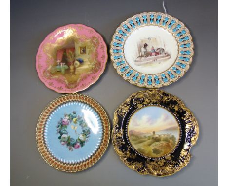 Four late 19th Century porcelain cabinet plates, to include a Royal Worcester plate painted wirh an interior scene signed W.A