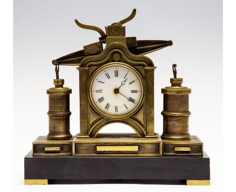 A brass beam engine desk clock, circa 1851, French mechanism by Guilmet, black slate plinth, height 19cm (in need of restorat