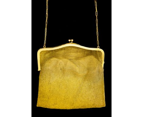 A 15ct gold mounted chainmail evening bag, on a 15ct gold chain,  London import mark 1913, marked 'EJ' Emanuel Joseph, origin