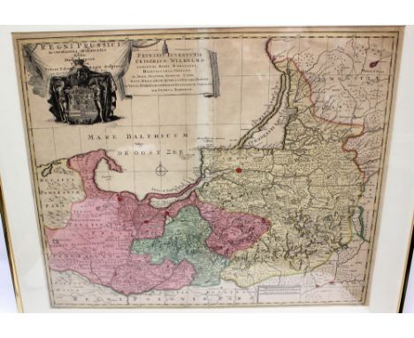 Early 18th-century map of Prussia by Peter Schenck, hand-coloured copper-engraving on laid/chain-lined paper, some discoloura