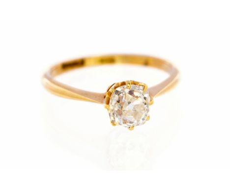 A diamond solitaire ring, the cushion shaped old-cut diamond  approx 1.0ct, assessed colour H/I, assessed clarity SI1, set in