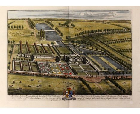 18th-century prospect of Newnham Paddox in Warwickshire, hand-coloured copper-engraving on laid/chain-lined paper, by Kip & K