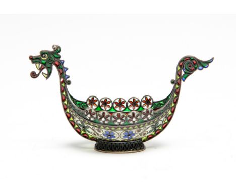 An early 20th Century Norwegian silver gilt, plique a jour and ruby enamel Salt, modelled as a Viking boat with blue and gree