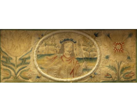 A Charles I embroidered stumpwork picture, an oval portrait of Charles I wearing a crown with a castle in the background, fla