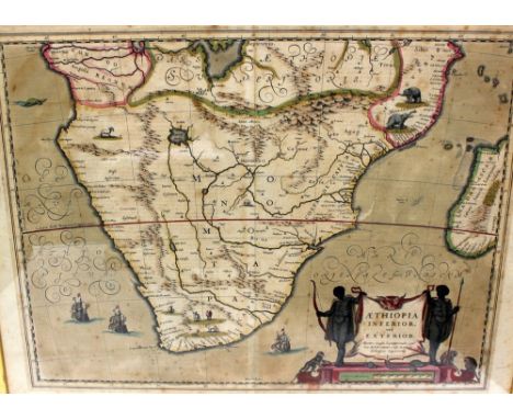 Jansson, Jan (1588-1664). Early 17th-century map of Southern Africa, featuring ships and sea monsters plus various animals, h