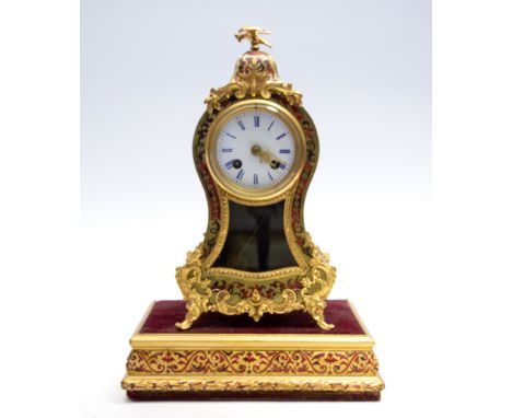 A late 19th Century French boulle work bracket clock, of Louis XV design, bird finial, 7.5cm white enamel Roman dial, gilt me