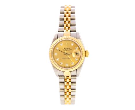 Rolex, a lady's bi-metal Rolex Oyster Perpetual Datejust wristwatch, 2.5cm circular champagne dial with diamond set numerals,