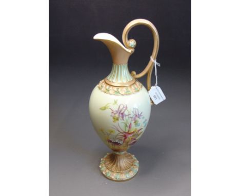 A Royal Worcester ewer, date cypher for circa 1914, decorated with a painted aquelegia pattern on a pale greeen/blue ground, 