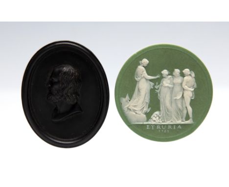 A Wedgwood green jasper dip circular medallion, inscribed Etruria and dated 1789, depicting Hope, Peace, Art and Labour, mode
