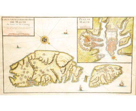 Jaillot, Alexis-Hubert (1632-1712). Early 18th-century map of Malta featuring inset view and sailing ships, attractive hand-c