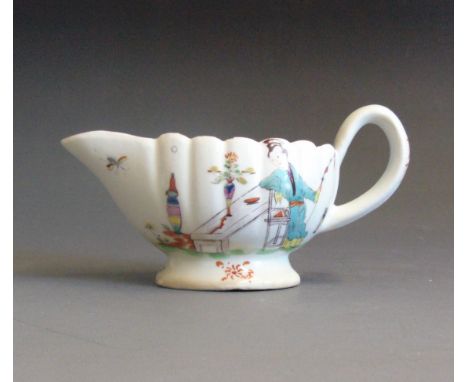 A Derby small fluted sauce boat, painted with oriental scene, circa 1765, 13cm wide including handle, 5.5cm highCondition: re