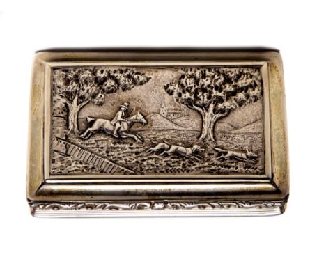 Hunting Interest: A William IV rectangular snuff box, reeded sides and base, the cover chased with Huntsman and Hounds on poi
