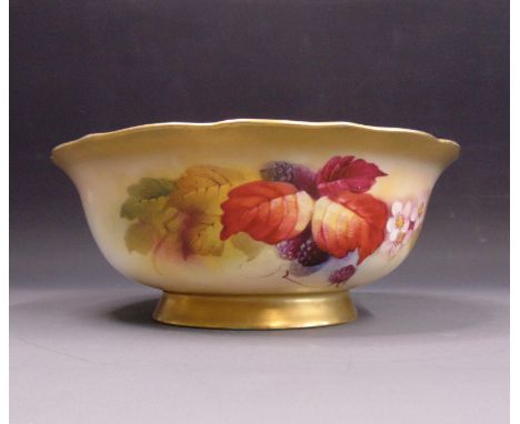 A Royal Worcester bowl painted with autumnal leaves and berries, signed Kitty Blake, circa  1928 date code, 19.5cm diameter, 