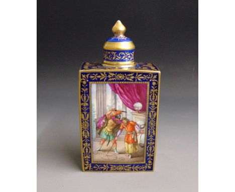 A Vienna tea caddy and cover, cobalt blue and gilt ground, with two hand-painted panels of classical scenes, the two side pan