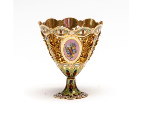 A 19th Century Swiss 18ct gold and enamel Zarf made for the Turkish Market (circa 1810, Geneva), the enamel panels decorated 
