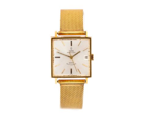 Tudor Rolex, a 1960's gents 18ct gold Tudor Rolex Prince-Date Rotar self-winding wristwatch, 2.5cm square silvered dial with 