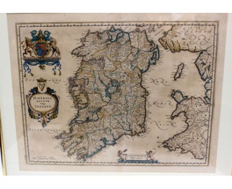 Blaeu, Willem (1571-1638). 17th-century map of Ireland (Hibernia), hand-coloured copper-engraving on laid/chain-lined paper, 