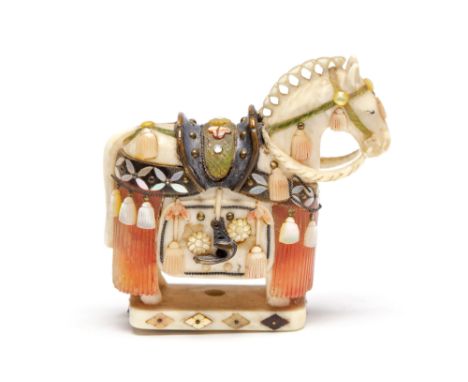 a jAPANESE IVORY SHIBAYAMA NETSUKE OF A ROBED CEReMONIAL HORSE, Meiji period, 1868-1912, inset signatuire, height 3cm