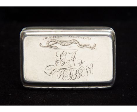 A George III silver snuff box, the cover engraved with serpent crest motto and initials GA, Robert Haxton, Edinburgh, 1822, 5