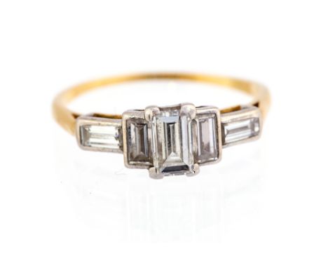 An Art Deco diamond five-stone 18ct gold ring, five baguette-cut diamonds, centre diamond approx 0.50ct, total diamond weight