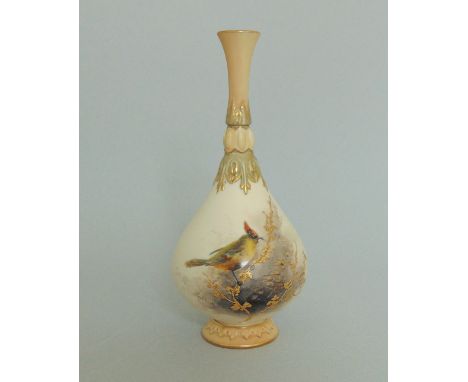 A Royal Worcester ivory ground vase,  shape H304, painted with a bird and gilt foliage, signed James Stinton, circa 1907,  16